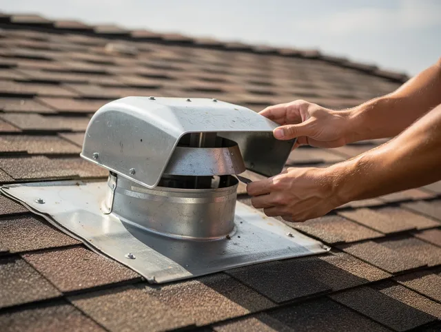 Akron Dryer Vent Cleaning certified technician safely cleaning a roof-mounted dryer vent in Akron