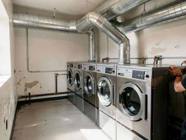 Akron Dryer Vent Cleaning team performing large-scale commercial dryer vent cleaning in Akron