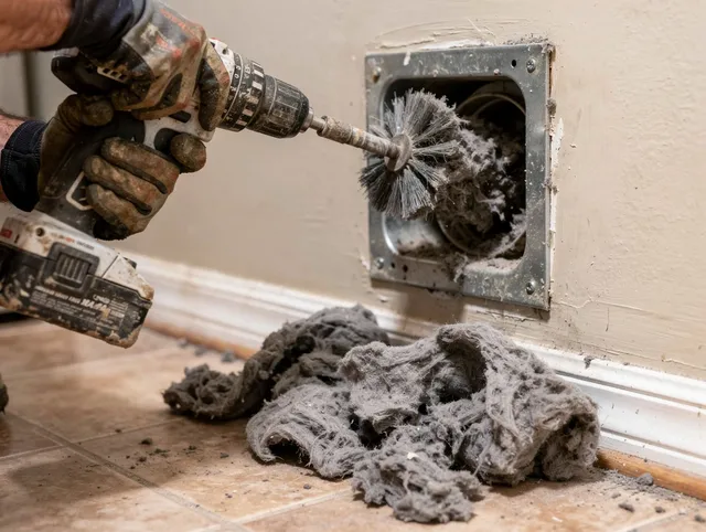 Certified Akron Dryer Vent Cleaning technician performing dryer vent cleaning in Akron