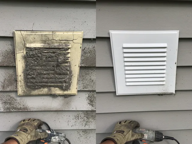 Akron Dryer Vent Cleaning technician installing high-quality dryer vent cover at a residential property in Akron