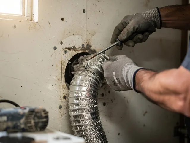 Akron Dryer Vent Cleaning technician performing precise dryer vent hose installation in Akron